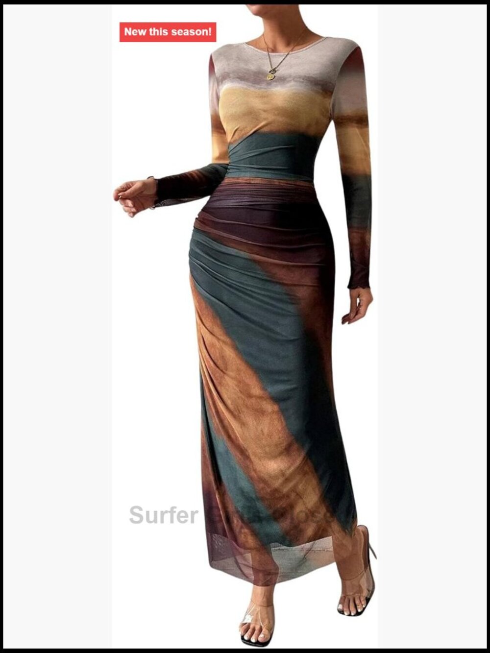Sheer Mesh Maxi Dress Long Sleeve Bodycon Ruched Tie Dye Party